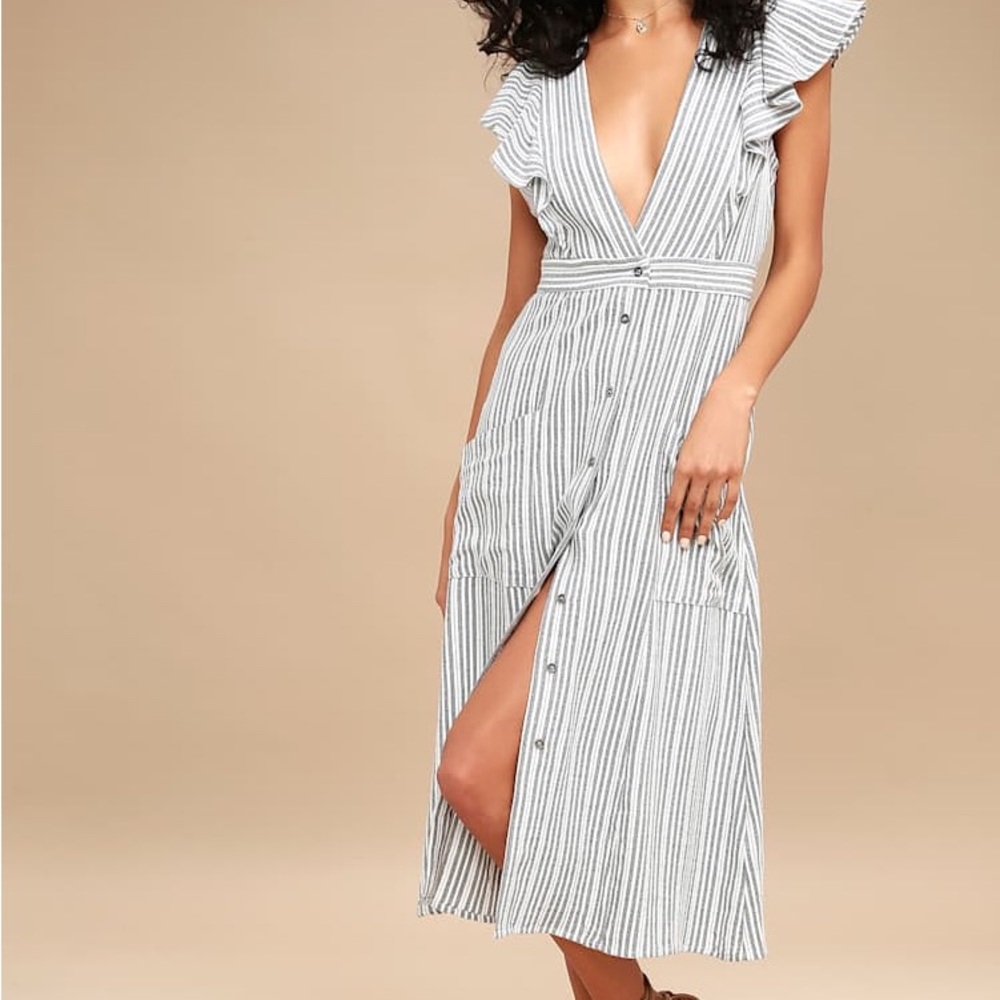 Lost + Wander Black and White Striped Midi Dress
